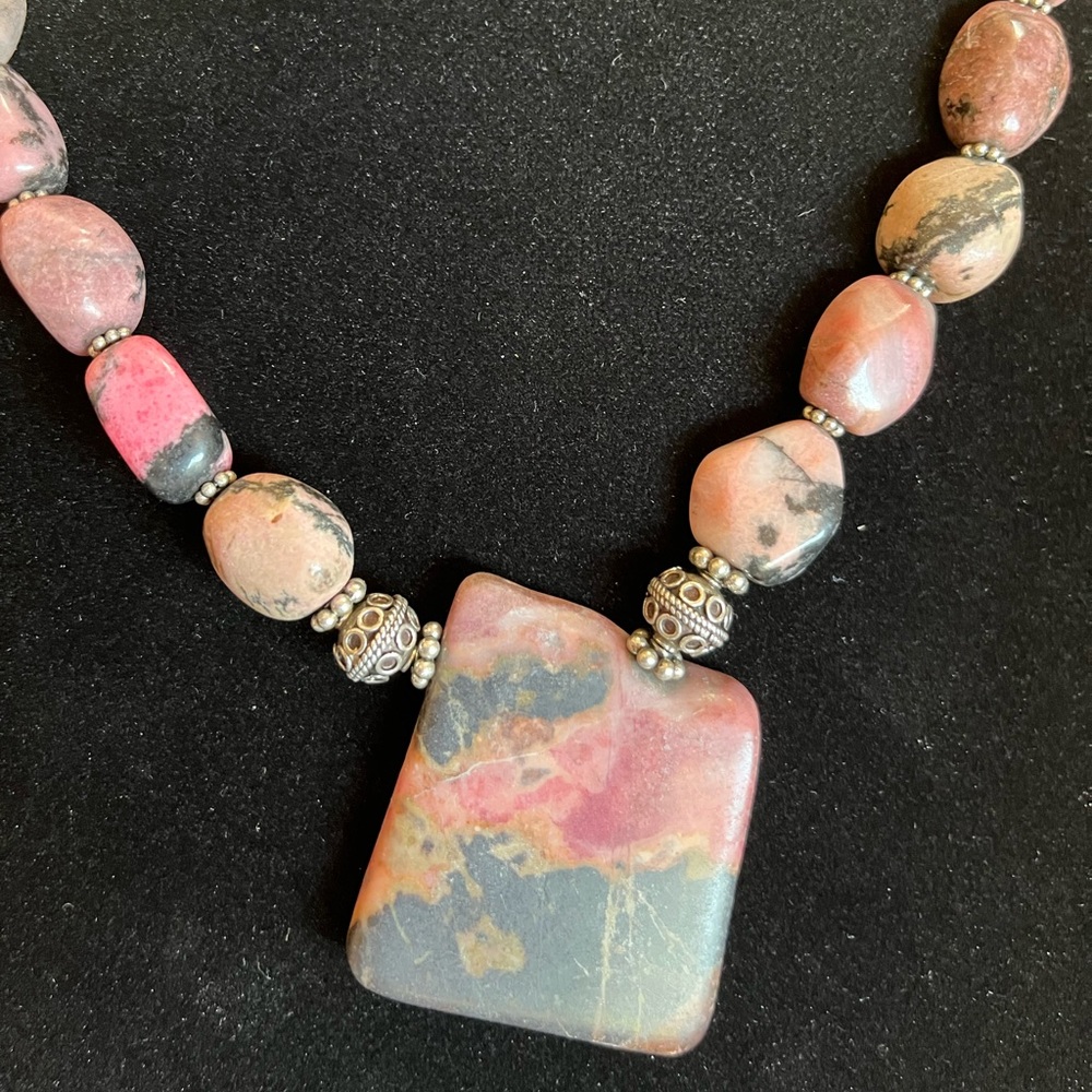 Rhodonite Stone Pendant Sterling Necklace in gift bag or box